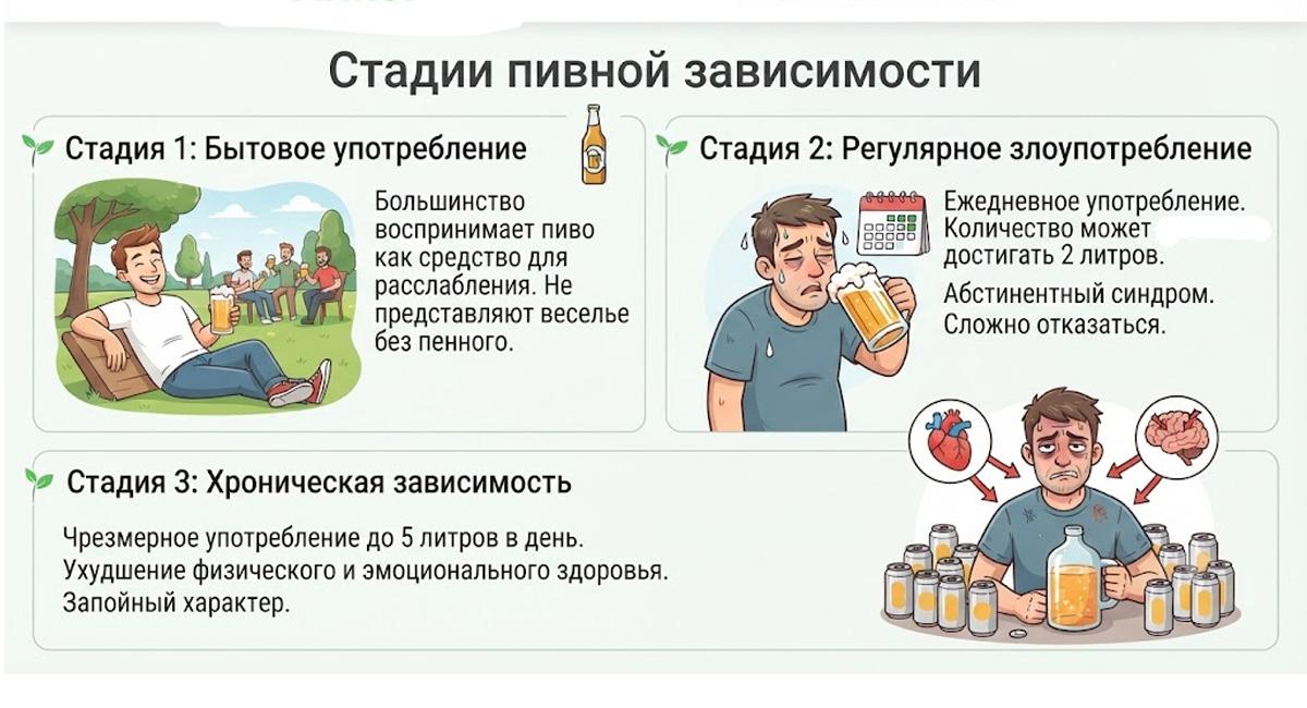 Инфографика: Стадии пивной зависимости от бытового употребления до хронического запойного характера.